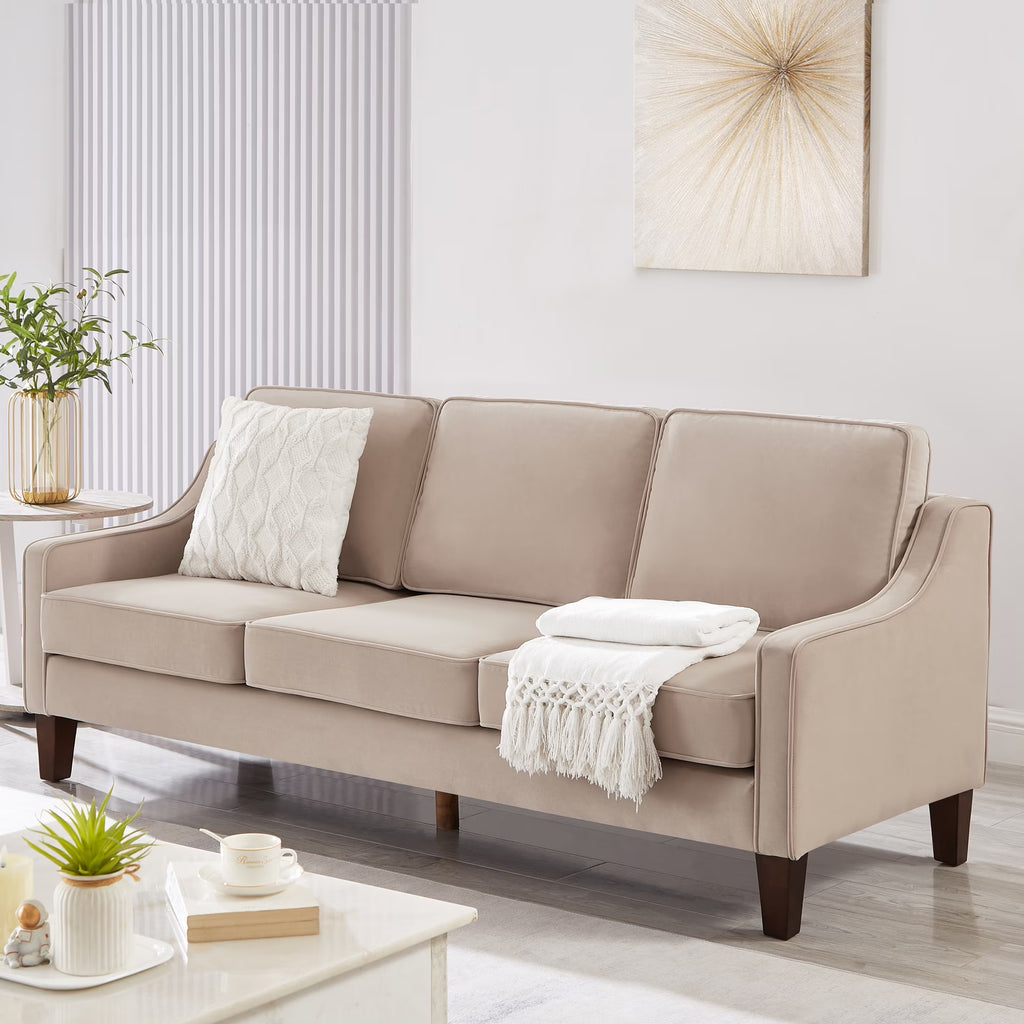 Taupe Velvet 3-Seat Sofa with Wood Legs W14279