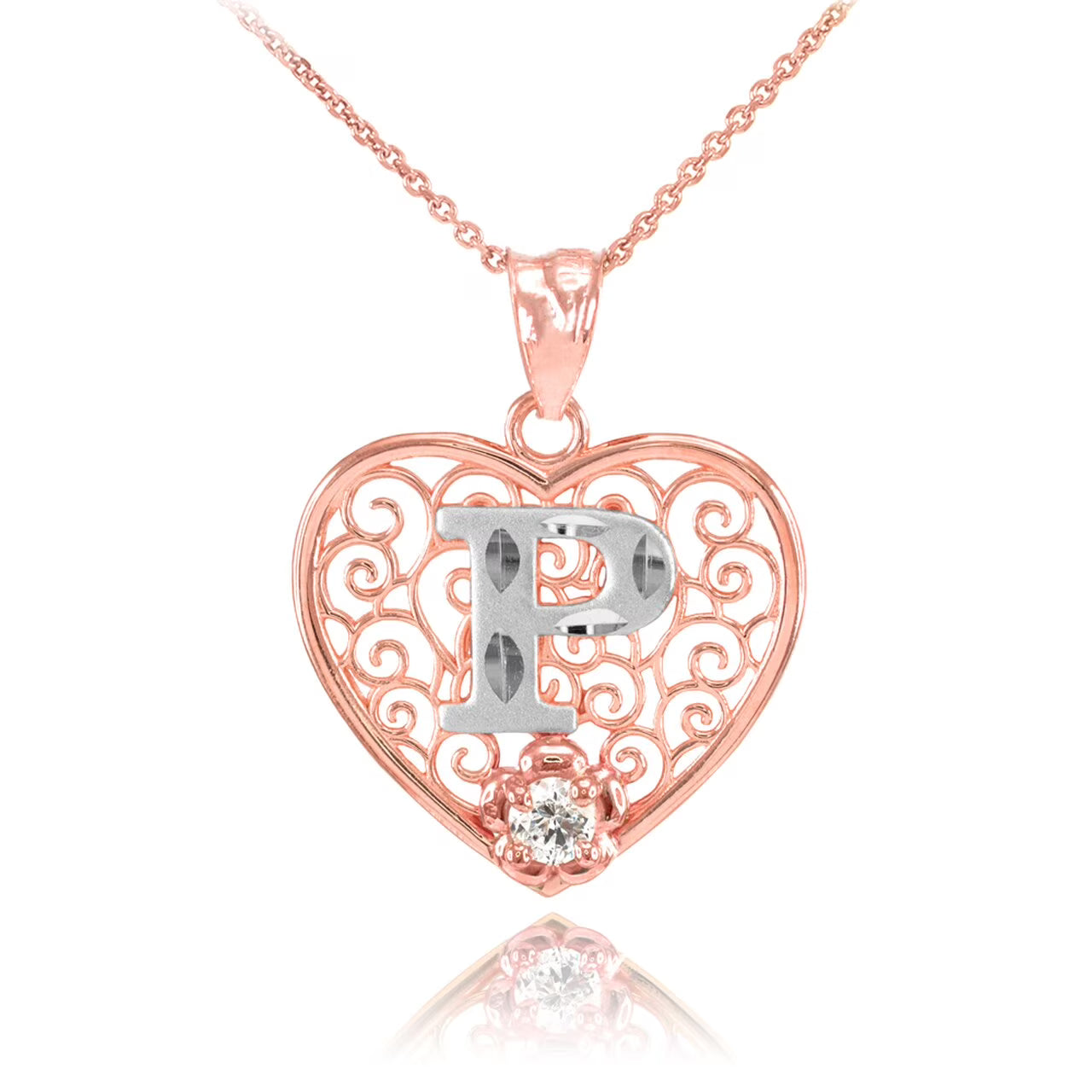 Rose Gold Filigree Heart CZ Pendant Necklace with 18" Chain X8191