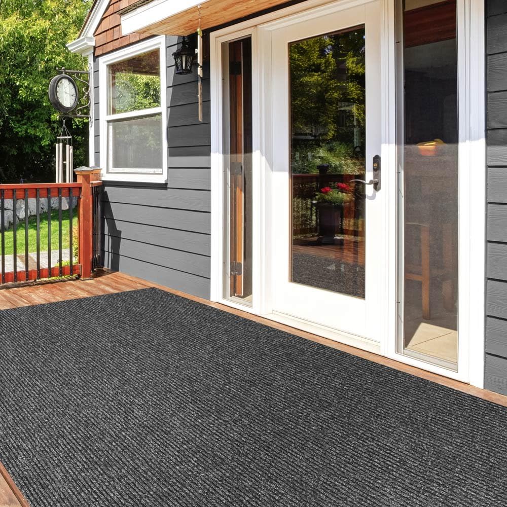Heavy-Duty Ribbed Indoor Outdoor Carpet with Rubber Marine Backing - Charcoal Black - 6 Feet X 15 Feet R12096