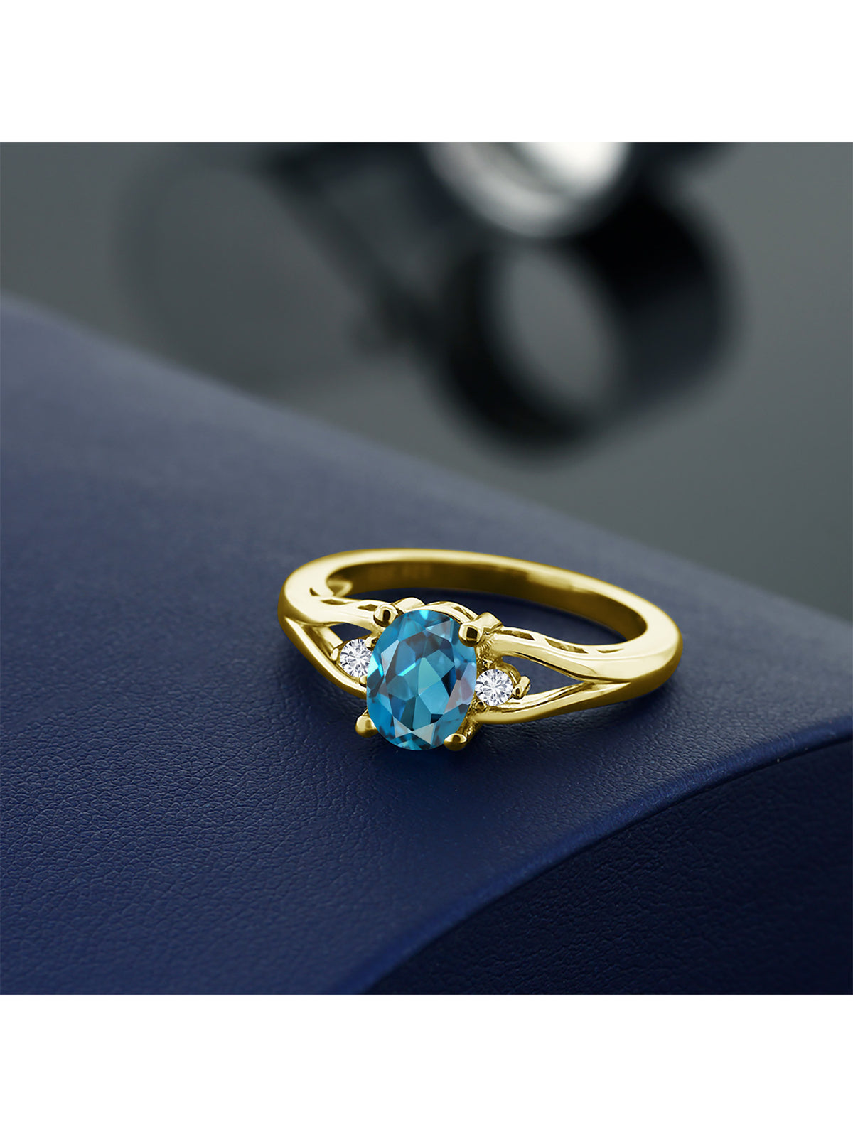 18K Yellow Gold Plated Silver London Blue Topaz and White Lab Grown Diamond 3 Stone Engagement Ring K238069