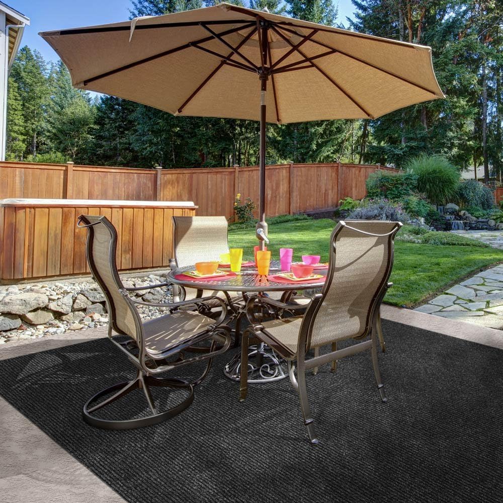 Heavy-Duty Ribbed Indoor Outdoor Carpet with Rubber Marine Backing - Charcoal Black - 6 Feet X 15 Feet R12096