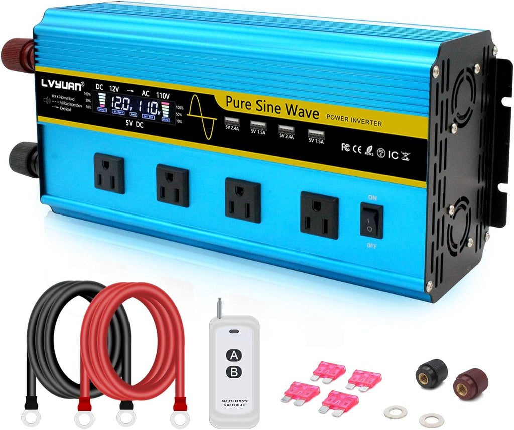 Pure Sine Wave Inverter 2500 Watt 12V to 110V DC to AC with Remote Controller LCD Display 4 AC Sockets 4 USB Charge Ports Q11422