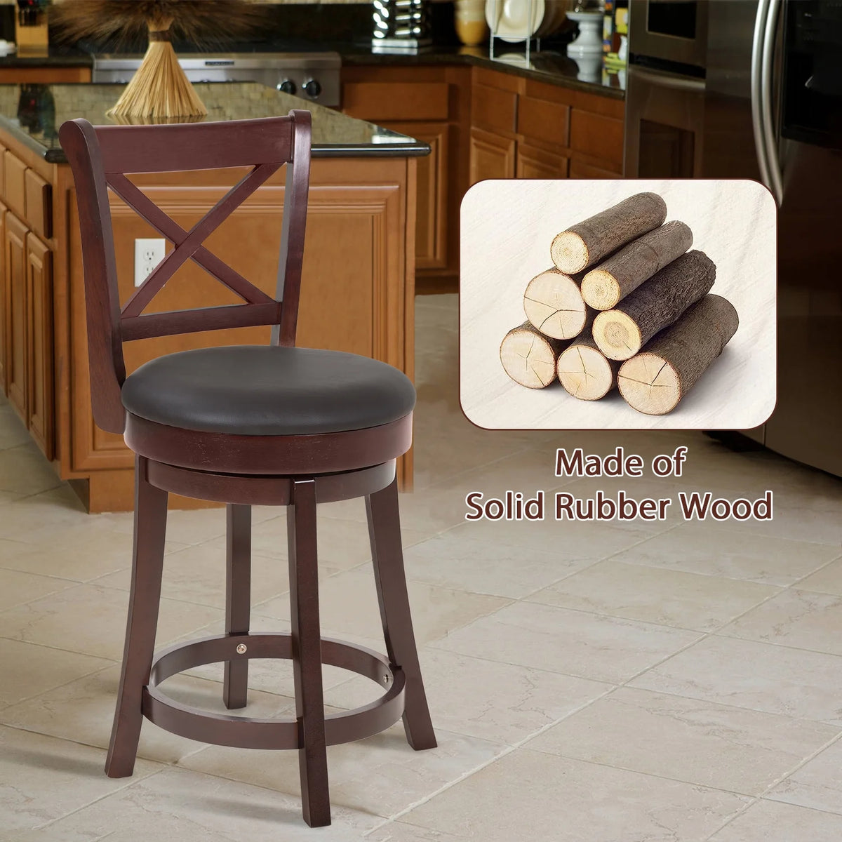 Brown Wooden Low Back Bar Stools with 360 Degree Swivel and PU Leather Upholstery X378