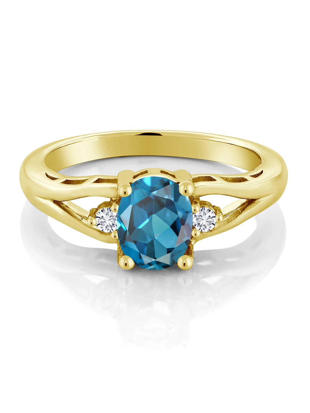 18K Yellow Gold Plated Silver London Blue Topaz and White Lab Grown Diamond 3 Stone Engagement Ring K238069