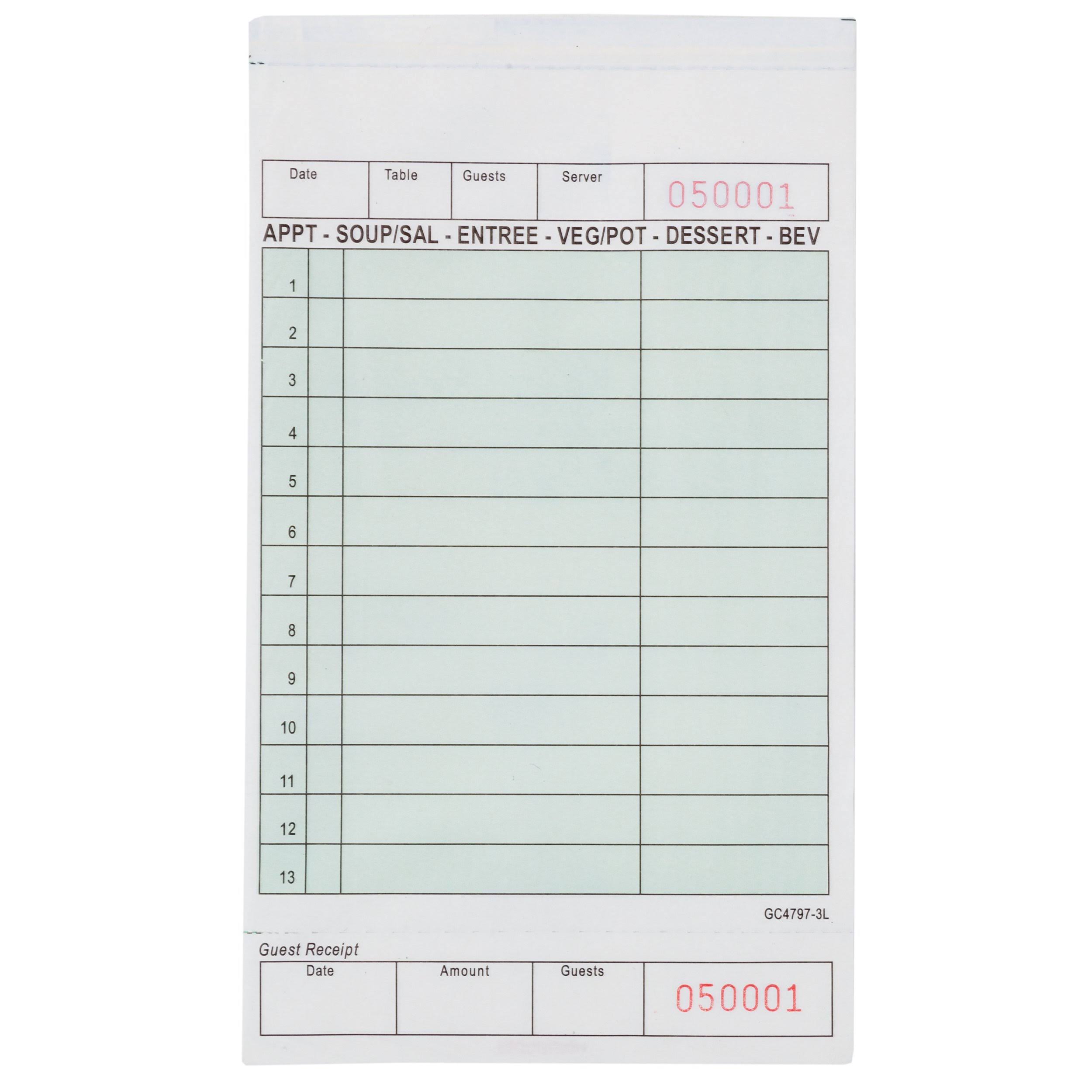 Green Carbonless Guest Check, Pk 2000, 13 Lines I906443