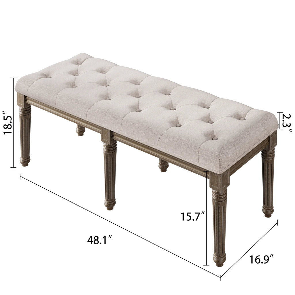 Upholstered Button Tufted Cushion Seat Bench with Carved Wooden Legs X429