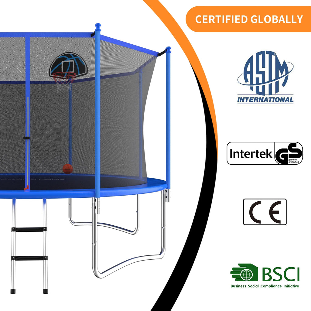 Blue 12FT Outdoor Trampoline with Safety Enclosure and Basketball Hoop M970