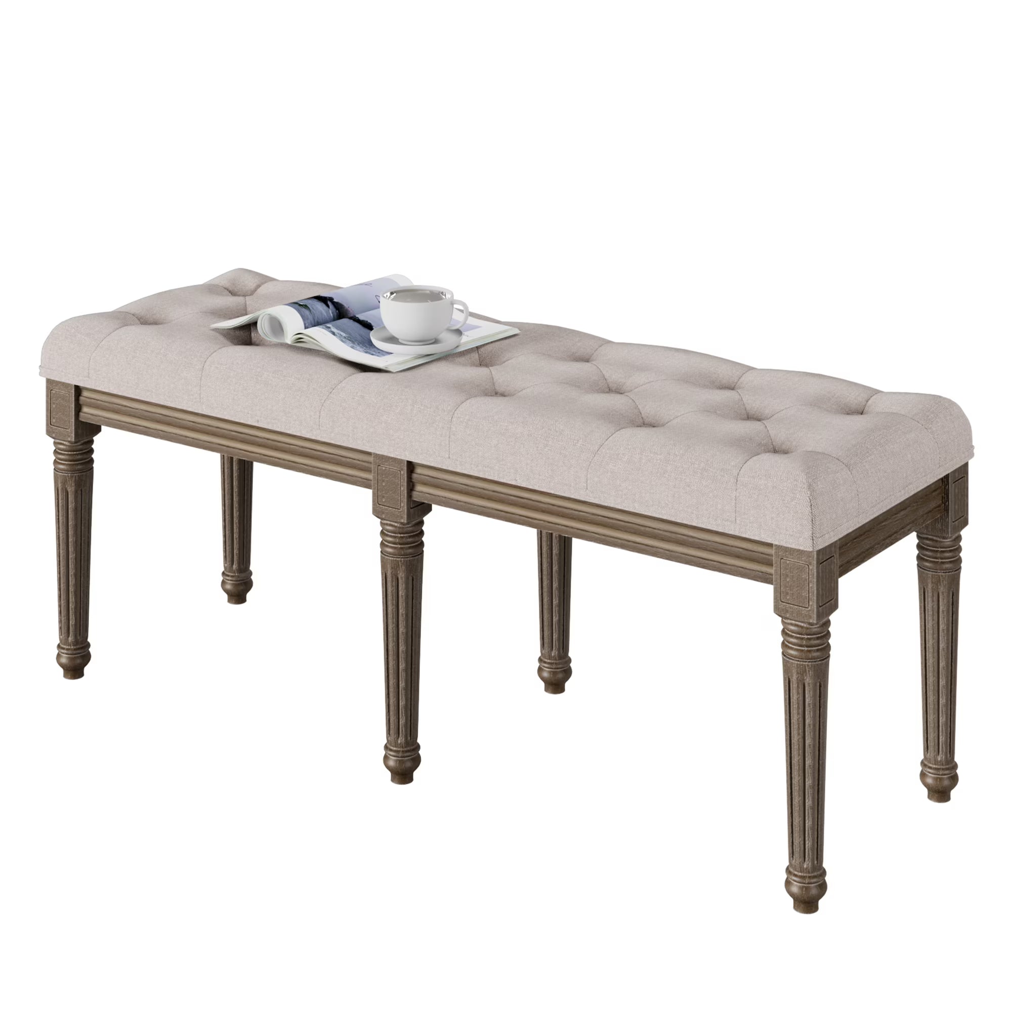 Upholstered Button Tufted Cushion Seat Bench with Carved Wooden Legs X429