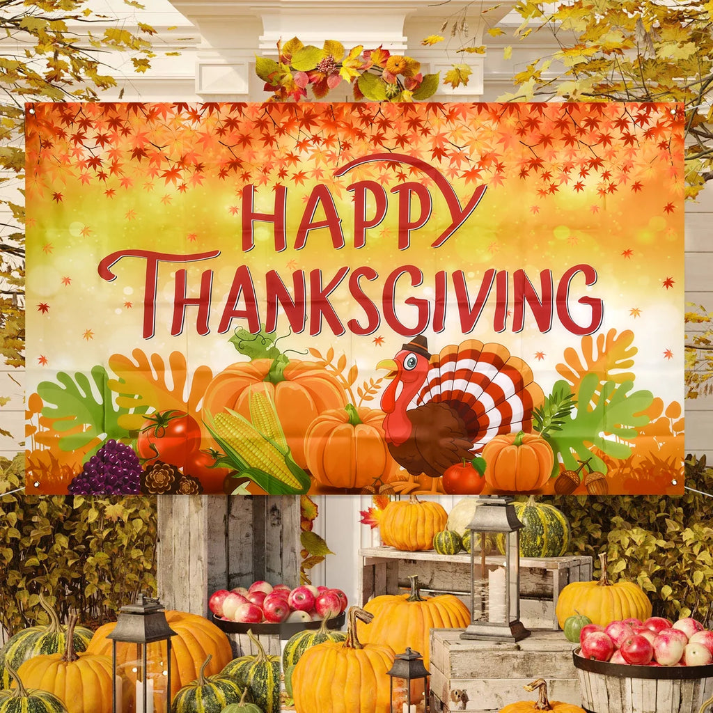 Thanksgiving Banner 72 x 46 Inch Turkey Pumpkin Maple Leaves Banner K493