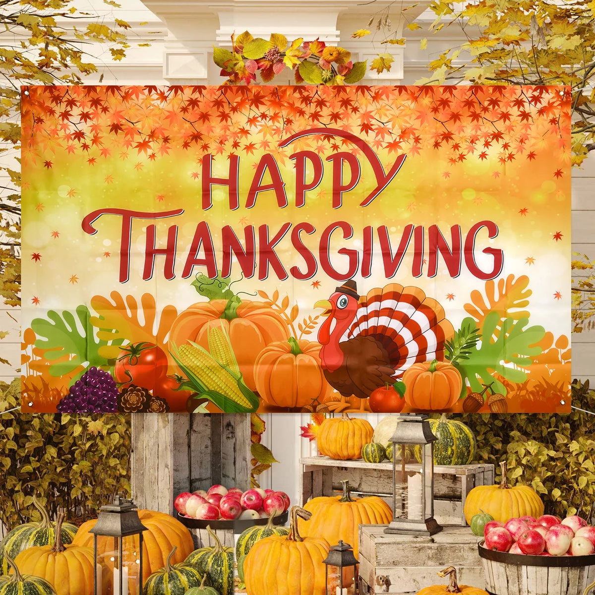 Thanksgiving Banner 72 x 46 Inch Turkey Pumpkin Maple Leaves Banner K493