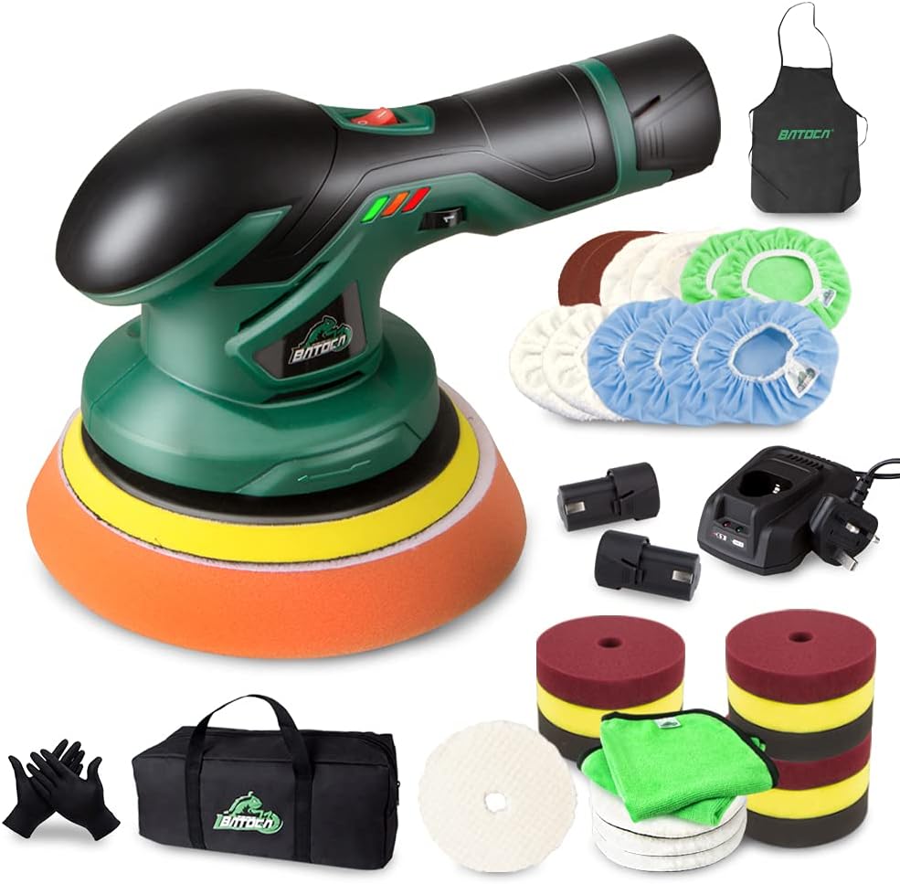 Cordless Car Buffer Polisher with 12V Lithium Rechargeable Battery Brushless Polisher with Variable Speed, 2pcs 2.0Ah Portable Buffer Kit N31368