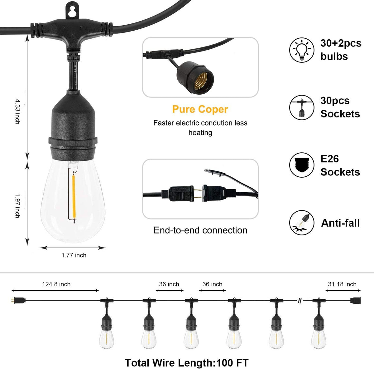 100Ft Waterproof IP65 Patio Lights with 32 Shatterproof Bulbs V490976