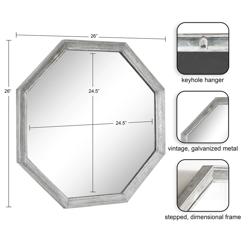Vintage Galvanized Metal Octagon Wall Mirror, 26 x 26, Silver I488083