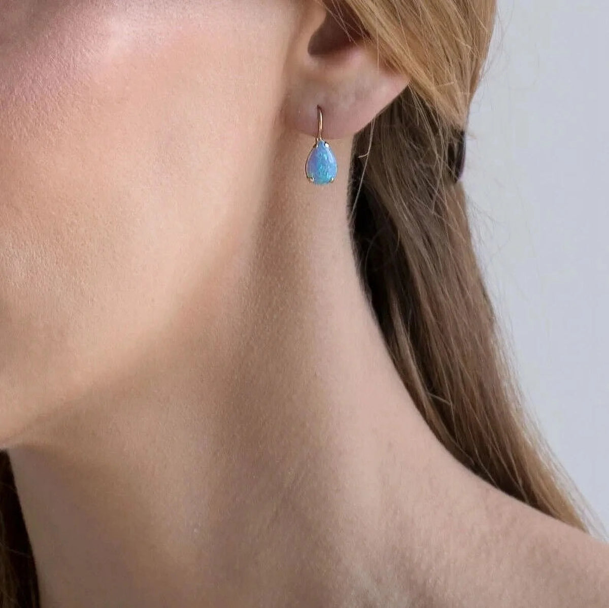 14K Yellow Gold Pear Cut Blue Opal Gemstone Teardrop Earrings R94949