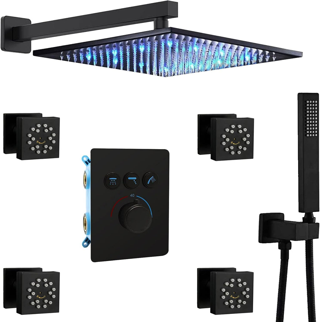 Matte Black Ceiling Shower Head System with Handheld and Body Spray Jets P92212