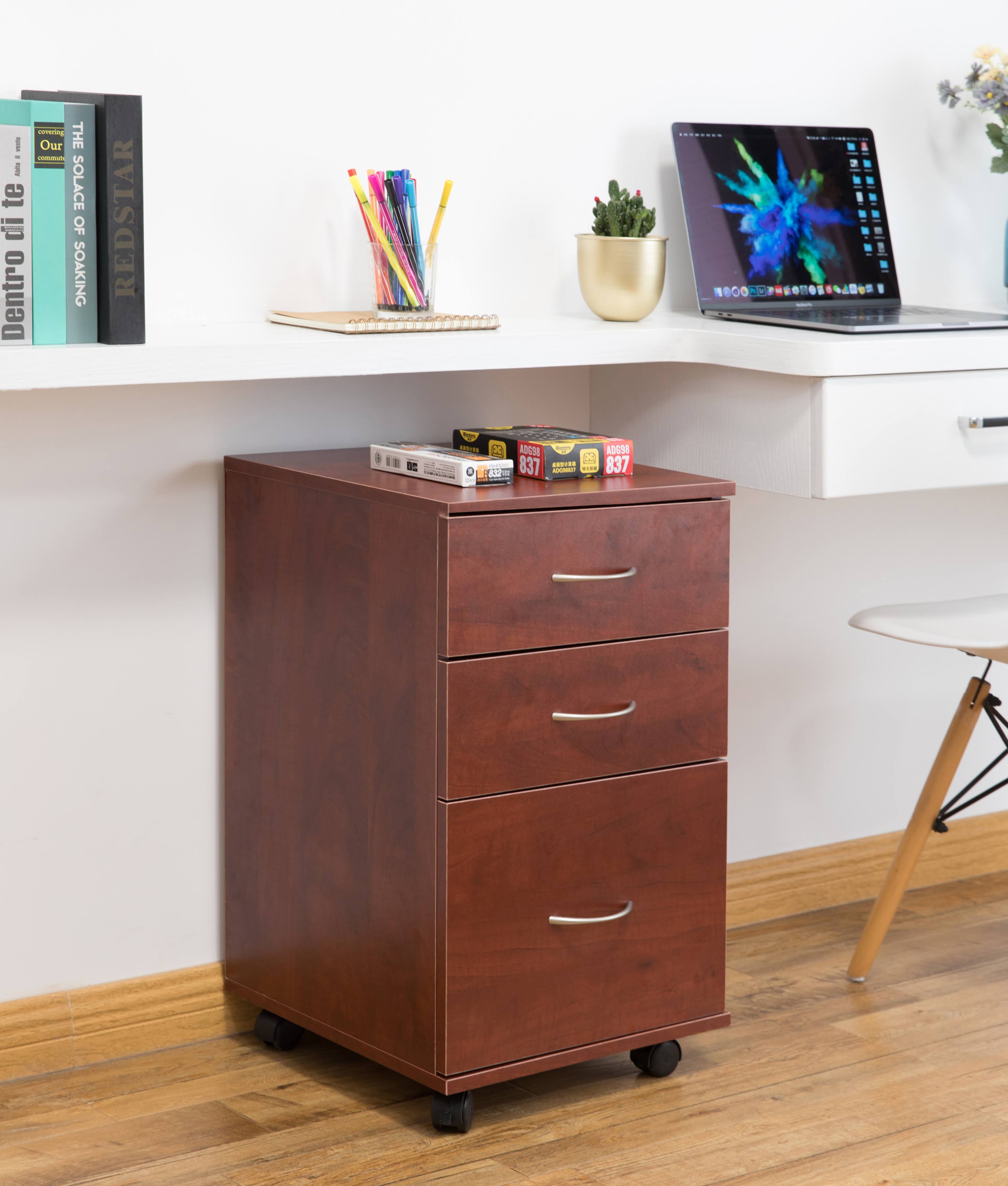 Cherry 3 Drawer File Cabinet with Rolling Casters J9356