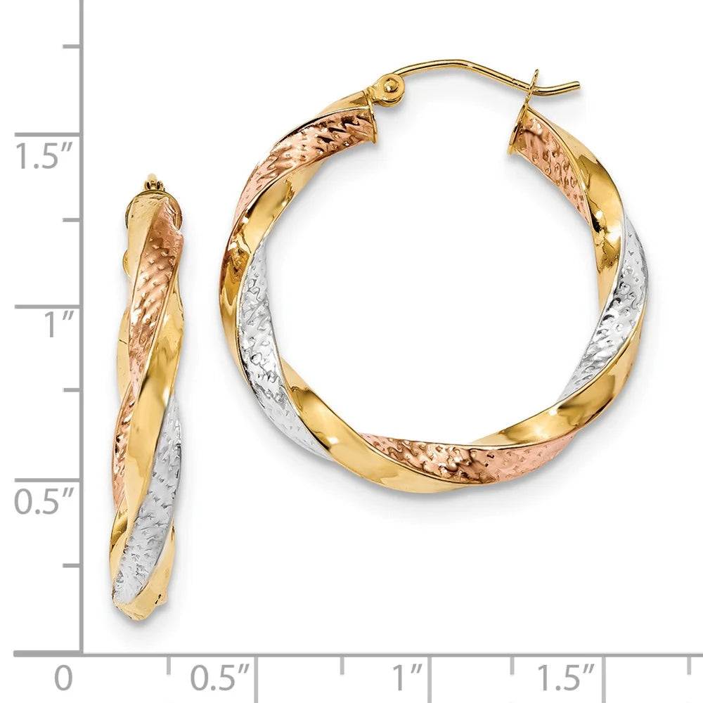 14kt Tri-color Polished Diamond Cut Twist Hoop Earrings C3588
