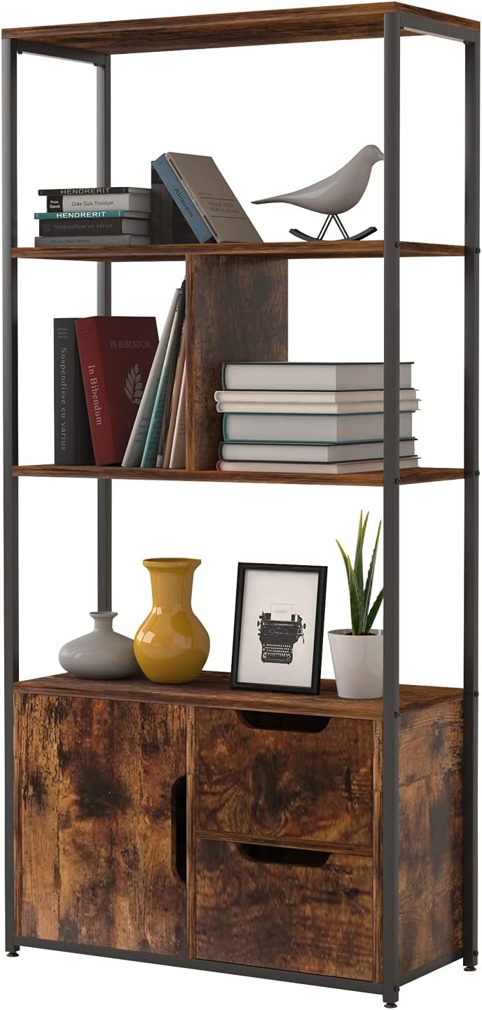 Industrial 5 Tier Bookshelf with 2 Drawers and Cabinet, Rustic Brown V212233