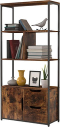 Industrial 5 Tier Bookshelf with 2 Drawers and Cabinet, Rustic Brown V212233