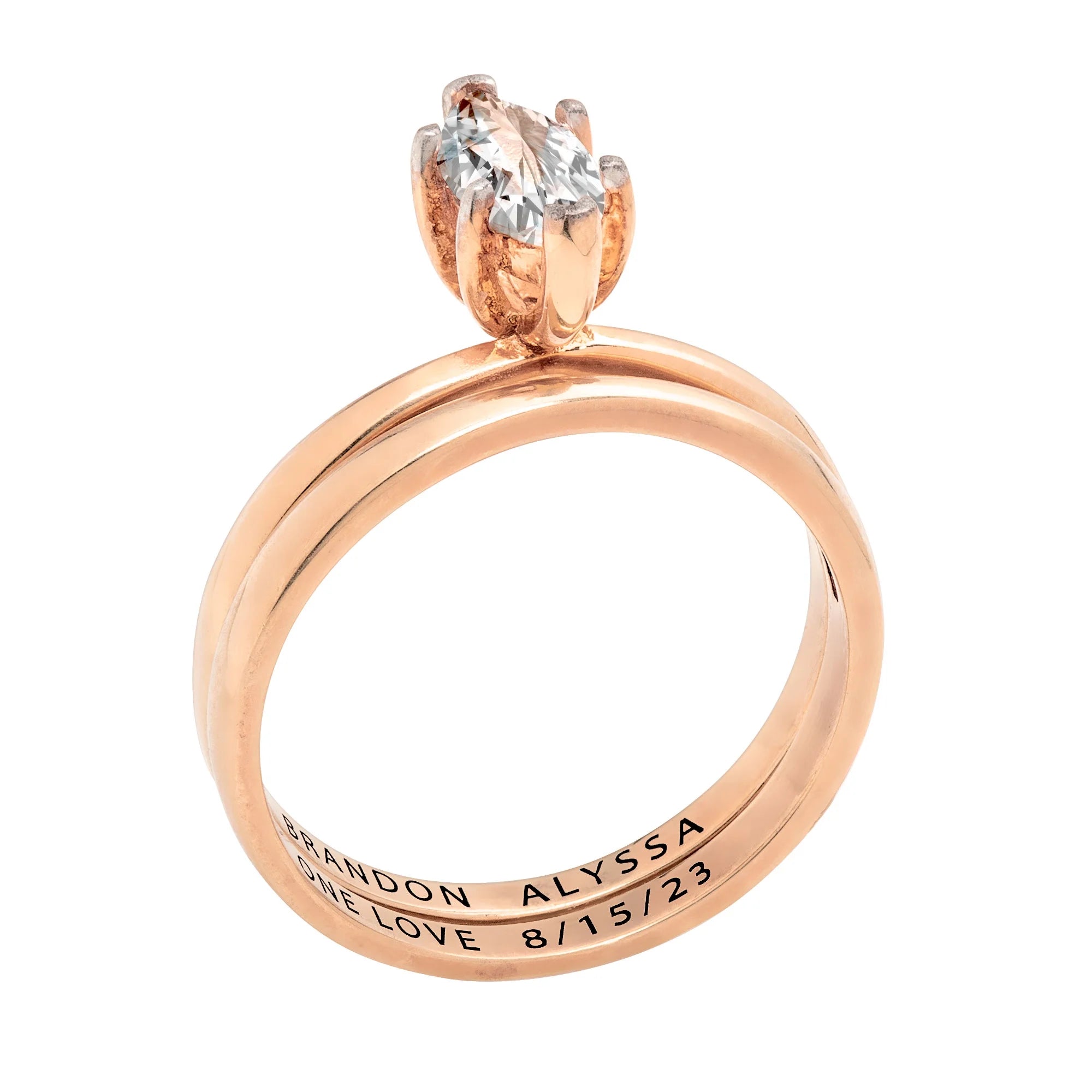 14K Rose Gold over Sterling Silver Marquise White Topaz 2-Piece Wedding Ring Set V2673