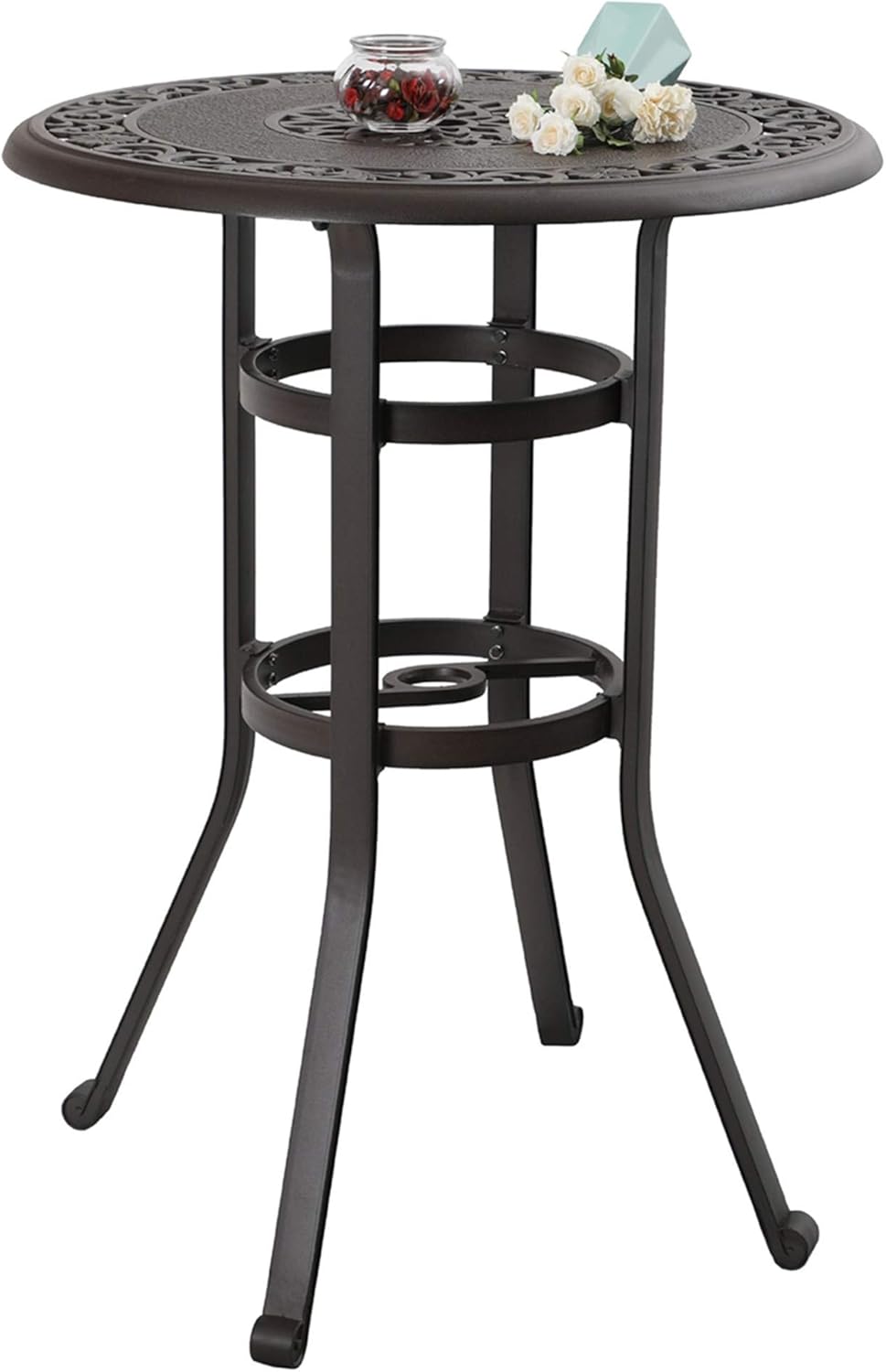 Outdoor Cast Aluminium Bar Height Table Round with Umbrella Hole Brown H389