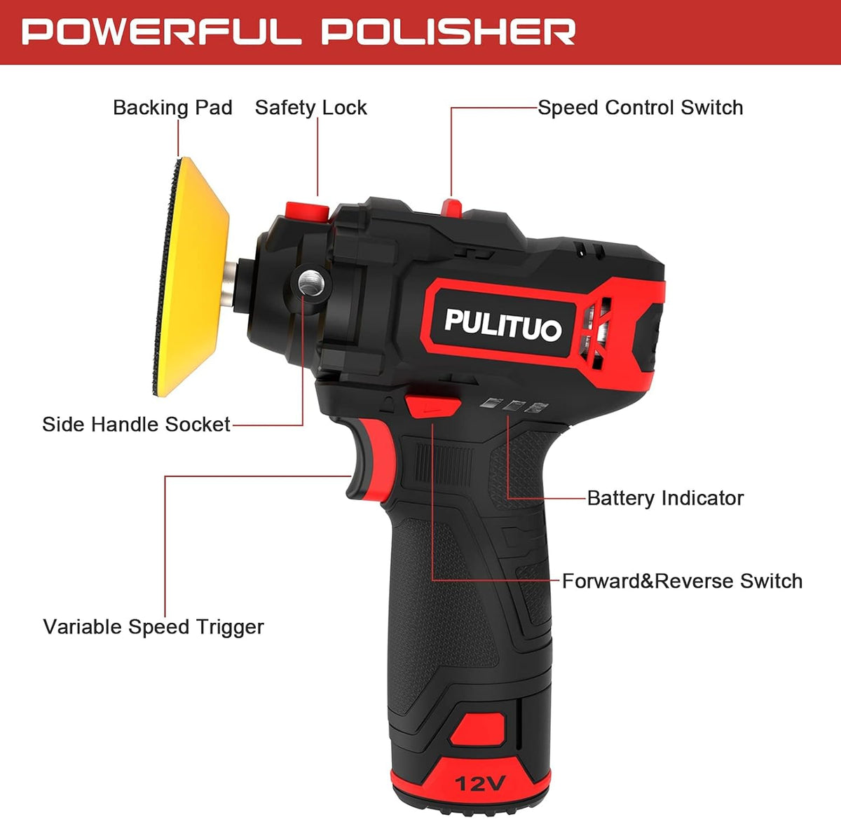 Cordless Mini Car Polisher Kit, 3 Inch, 2600-7800 RPM, 12V 2.0Ah, Pack of 2 H18918