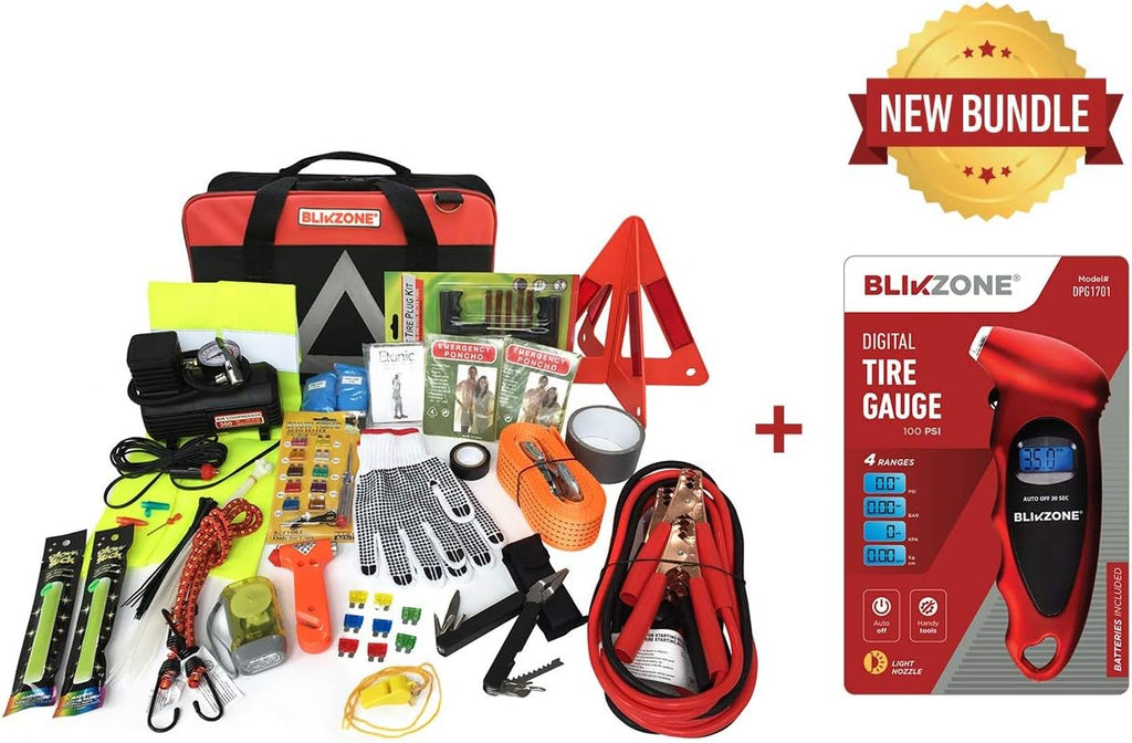 82 Pc Auto Roadside Emergency Car Kit with Tire Repair Kit, Jumper Cables, Portable Air Compressor, Tow Strap, Emergency Triangle R23696
