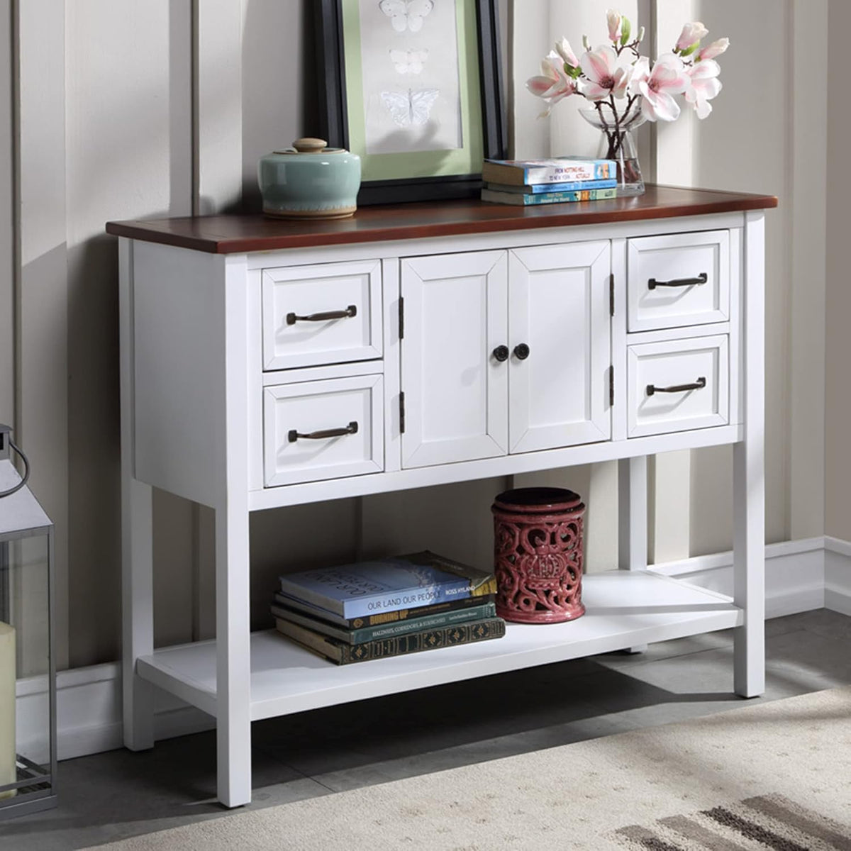Green Console Table with Storage Drawers and Bottom Shelf R270