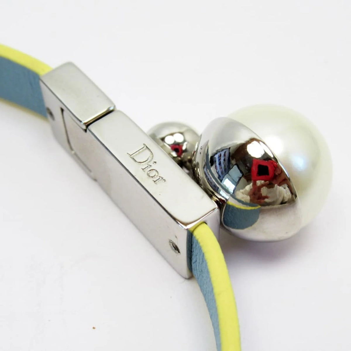 Blue x Yellow Silver Pearl White Leather Metal Choker N1941