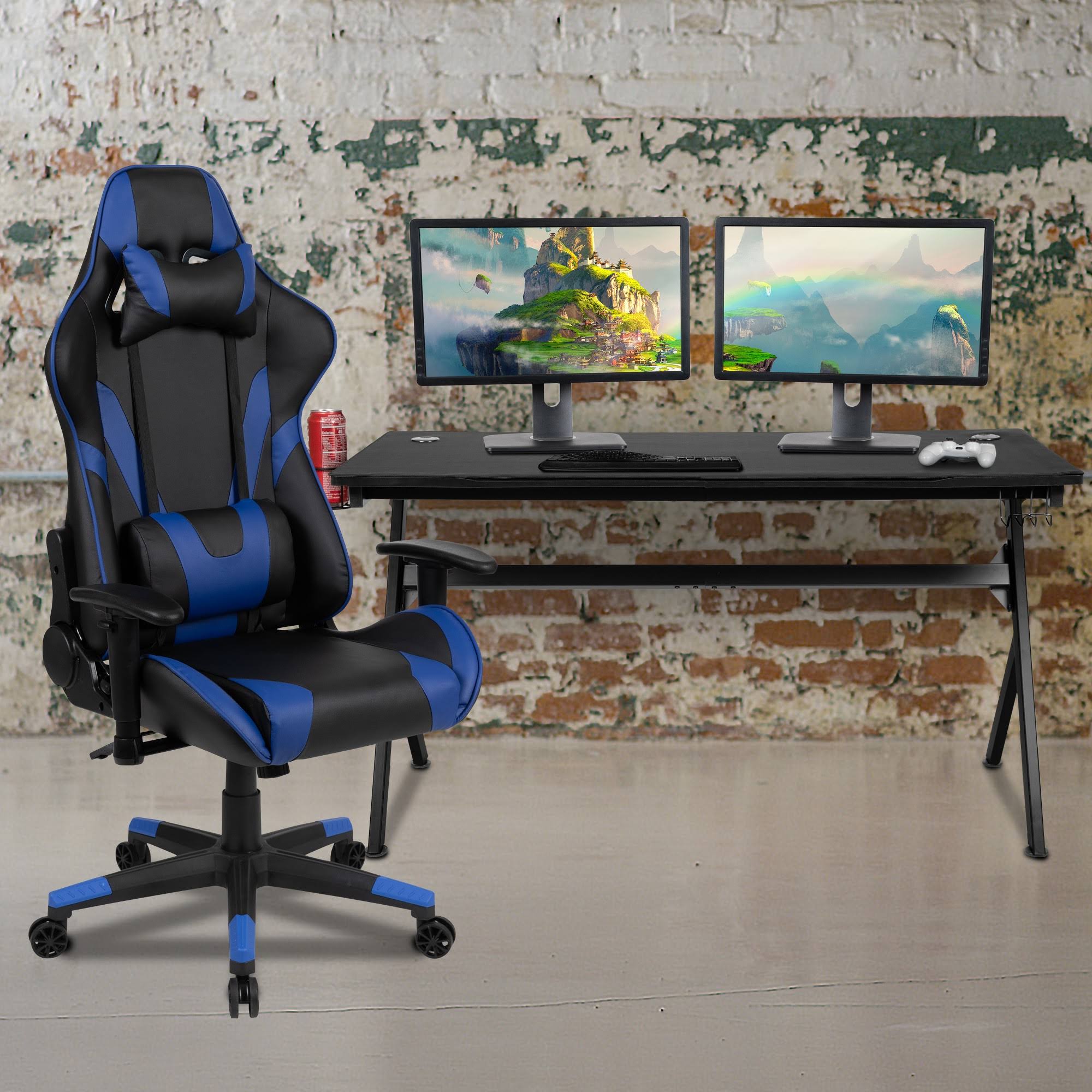 Black Reclining Gaming Chair Set with Cup Holder and Headphone Hook E996