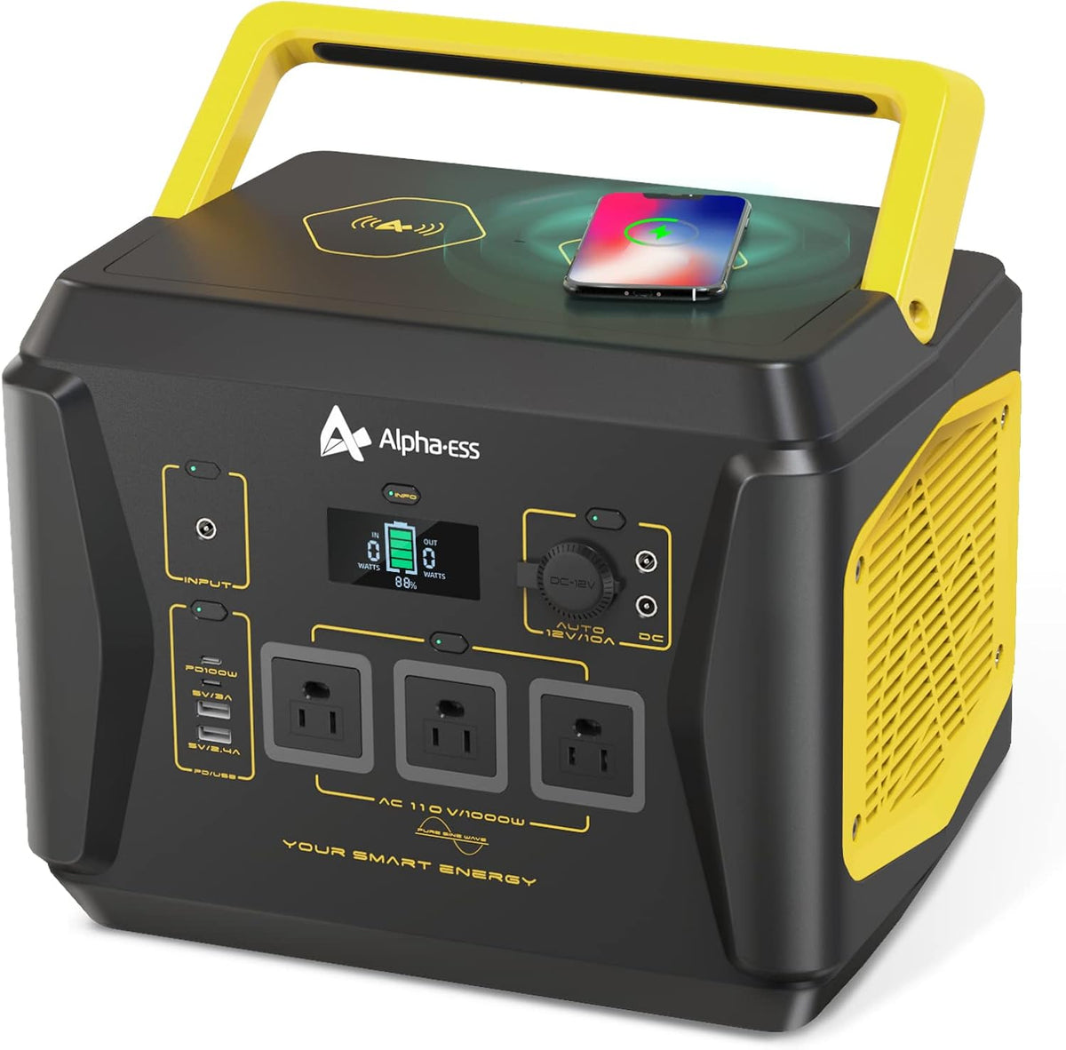 Portable Power Station with 1036Wh Capacity 3x110V Pure Sine Wave AC Outlet USB PD100W Wireless Charging LED Surface Light S29890