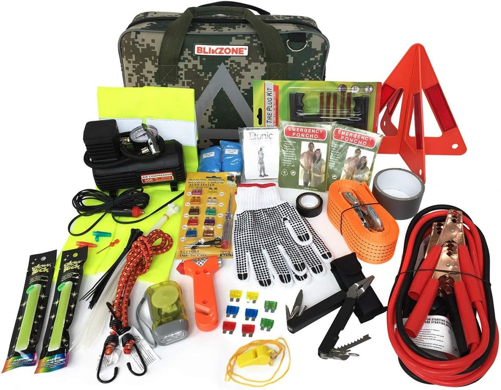 82 Pc Auto Roadside Emergency Car Kit with Tire Repair Kit, Jumper Cables, Portable Air Compressor, Tow Strap, Emergency Triangle R23696