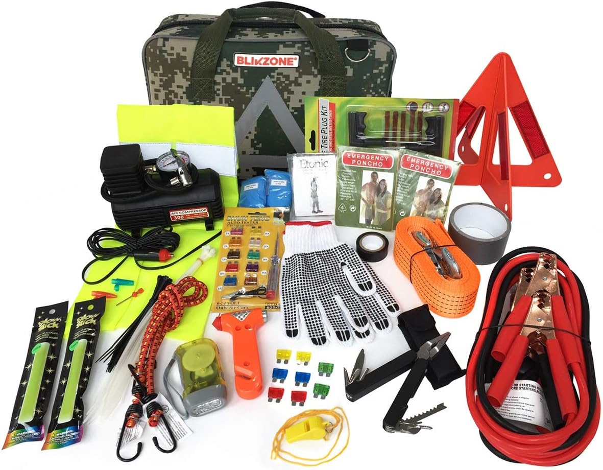 82 Pc Auto Roadside Emergency Car Kit with Tire Repair Kit, Jumper Cables, Portable Air Compressor, Tow Strap, Emergency Triangle R23696