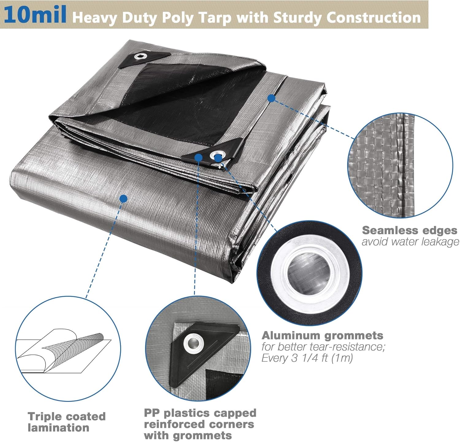 10x15ft Heavy Duty Reinforced Poly Tarp Waterproof Tarpaulin 10-mil Ground Sheet Camping Tent Cover with Eyelets Pack of 2 B62634