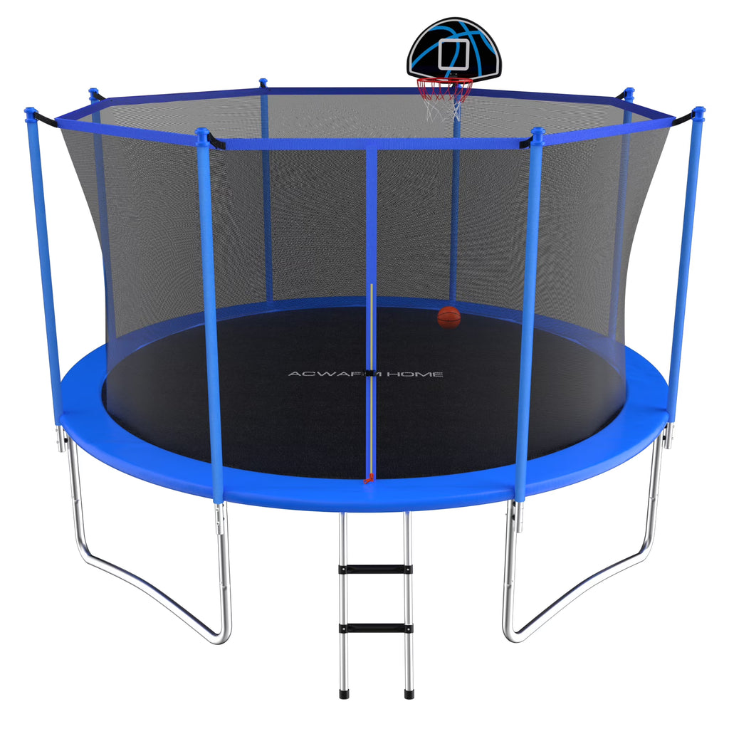 Blue 12FT Outdoor Trampoline with Safety Enclosure and Basketball Hoop M970