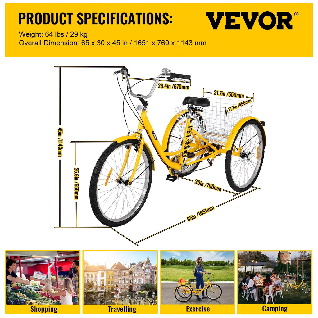 Adult Tricycle 26 inch 7-Speed 3 Wheel Cruiser Bike with Basket L253