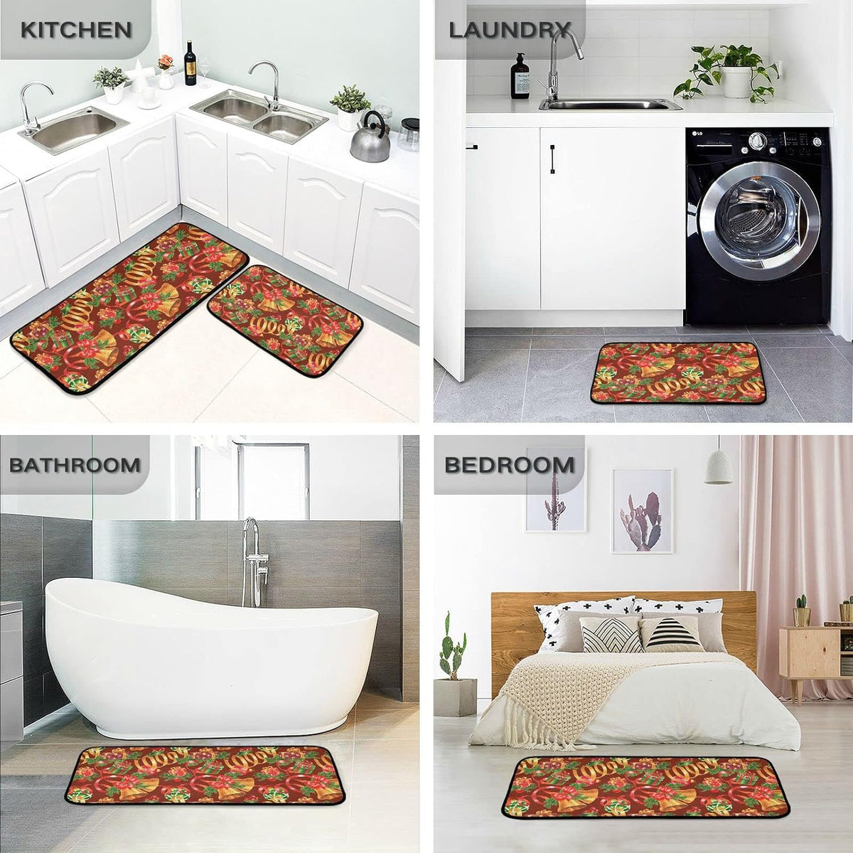 Christmas Jingling Bells Kitchen Mats Set of 2 Anti Fatigue Non Slip Floor Runner Rug 19.7x27.6 Inch + 19.7x47.2 Inch Y4487