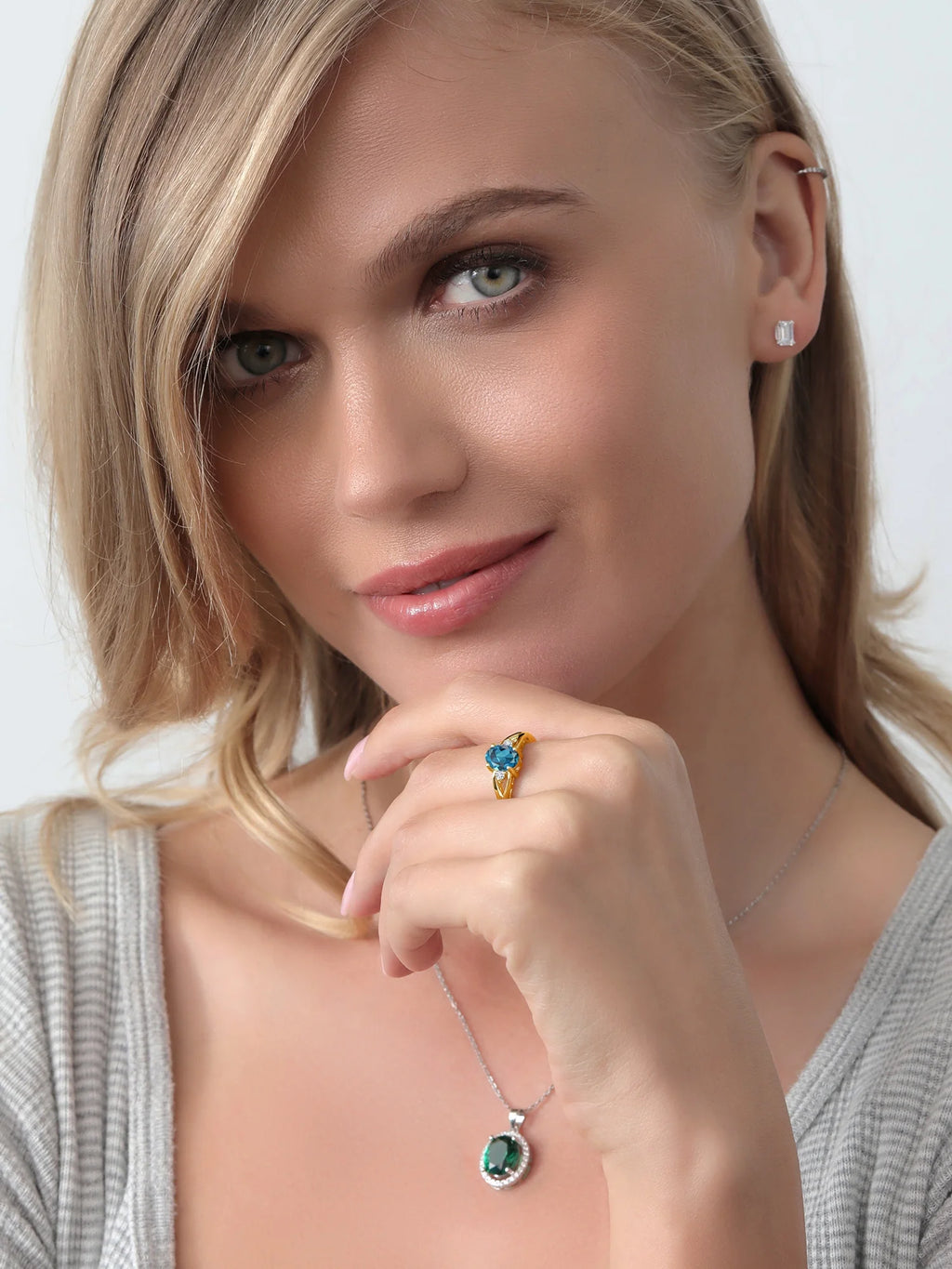 18K Yellow Gold Plated Silver London Blue Topaz and White Lab Grown Diamond 3 Stone Engagement Ring K238069
