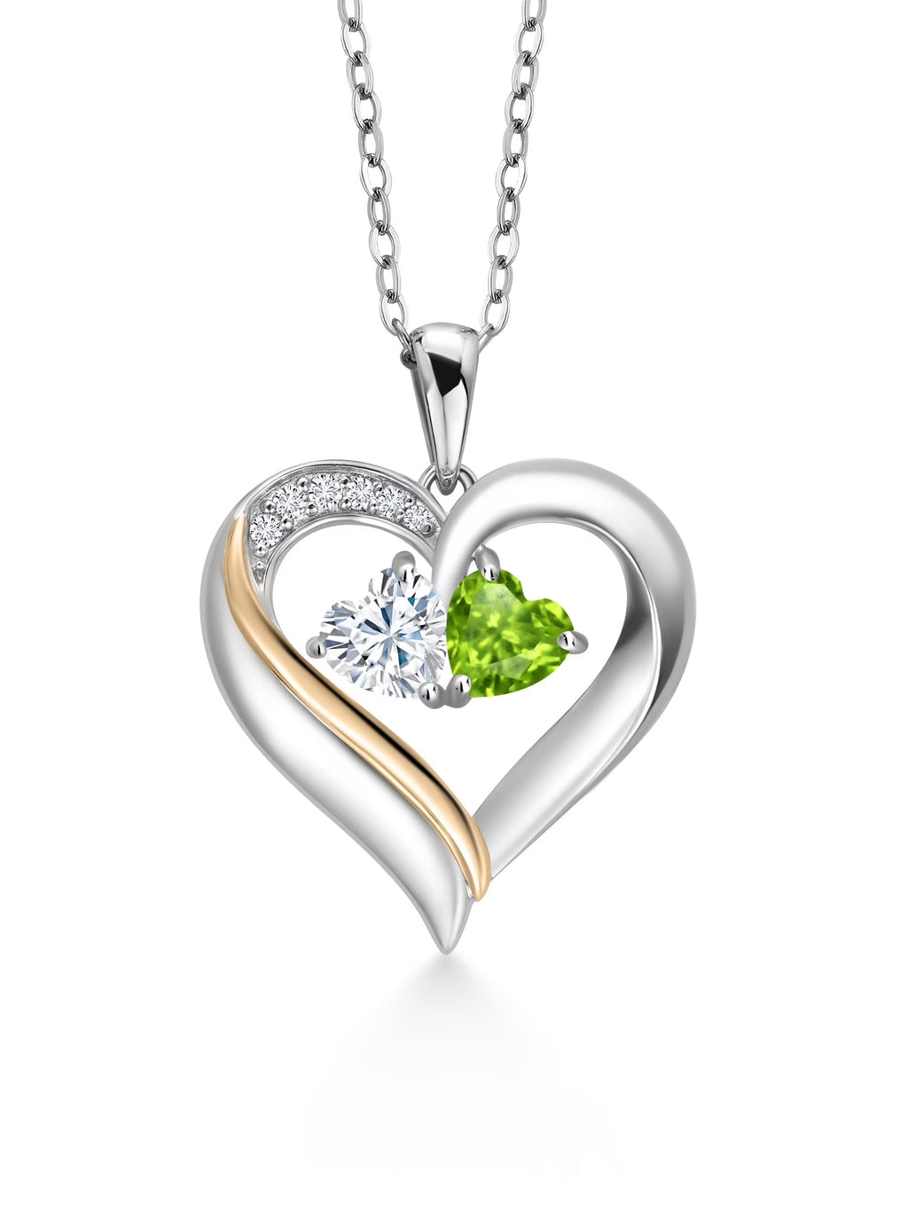 925 Silver 10K Yellow Gold Heart Shape Lab Grown Diamond Pendant Necklace with White Moissanite and Green Peridot (0.95 Cttw, Double Heart, 18 inch Chain) H45755