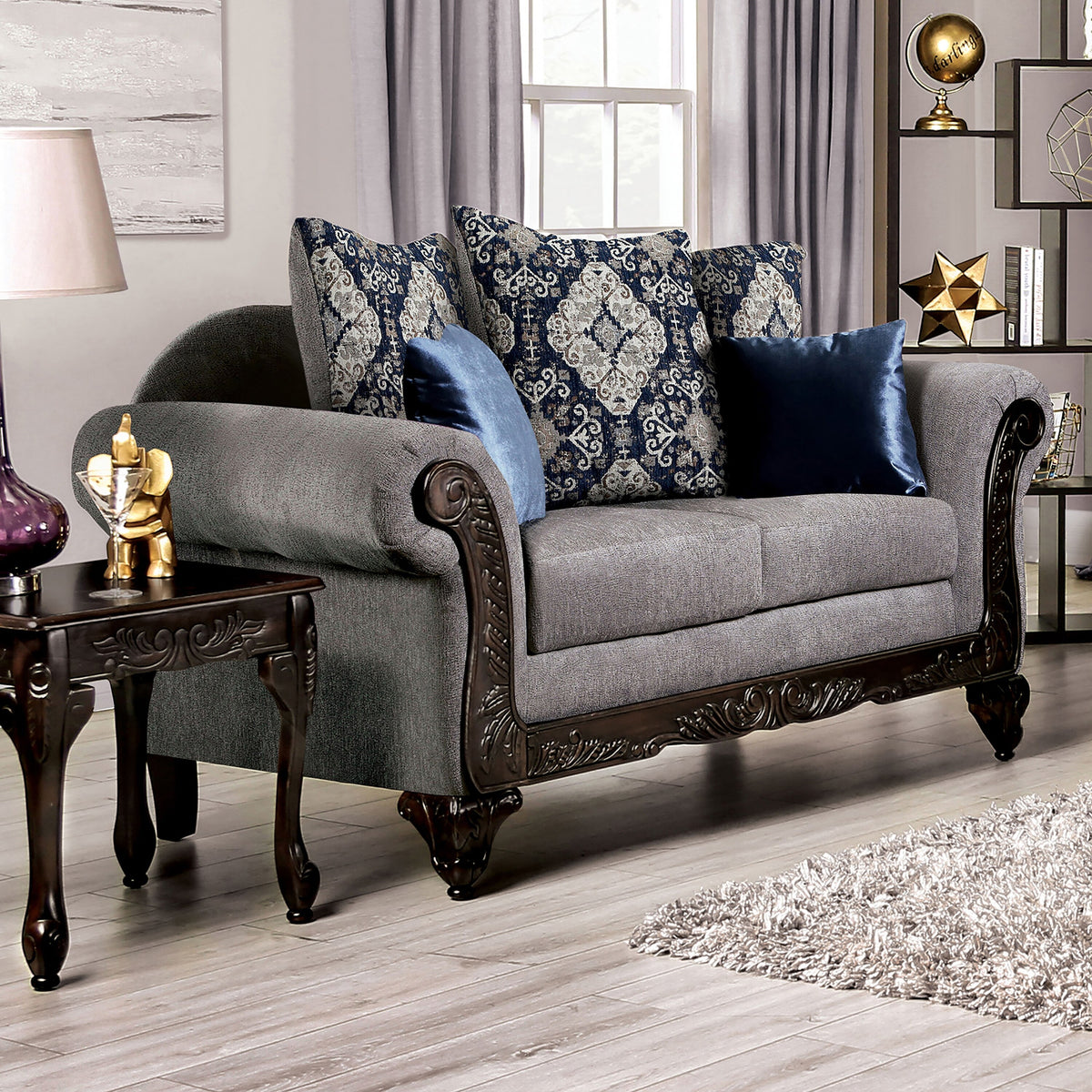 Grey Chenille Rolled Arms Loveseat U2950
