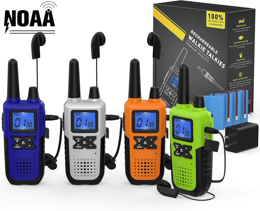 4 Pack Long Range 2 Way Radios Walkie Talkies with Earpiece and Mic USB Charger Battery Weather Alert V133