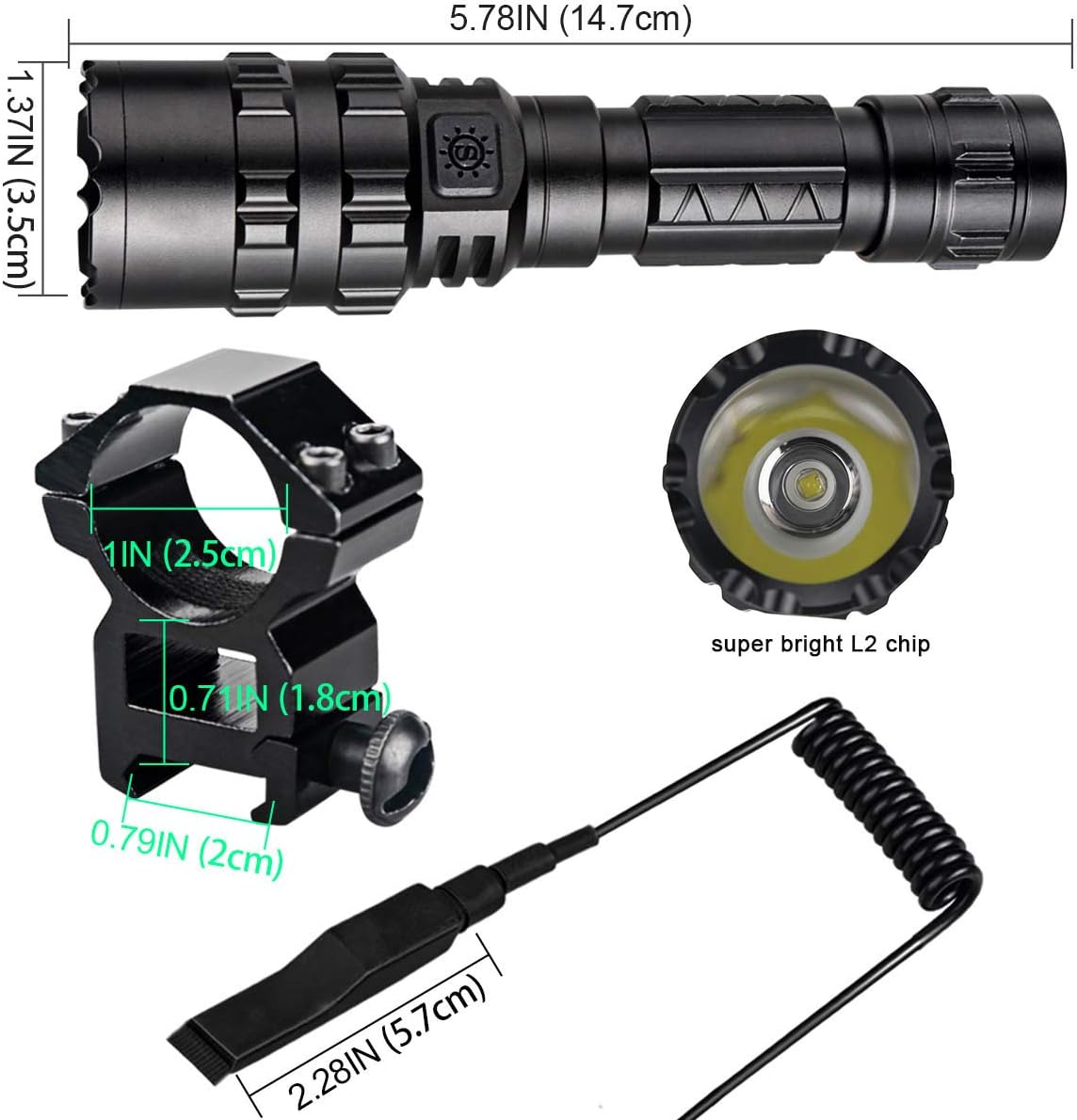 2 Pack Tactical Flashlight with Rail Mount, 4000 Lumen LED Weapon Light T359