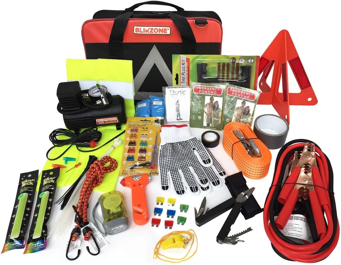 82 Pc Auto Roadside Emergency Car Kit with Tire Repair Kit, Jumper Cables, Portable Air Compressor, Tow Strap, Emergency Triangle R23696