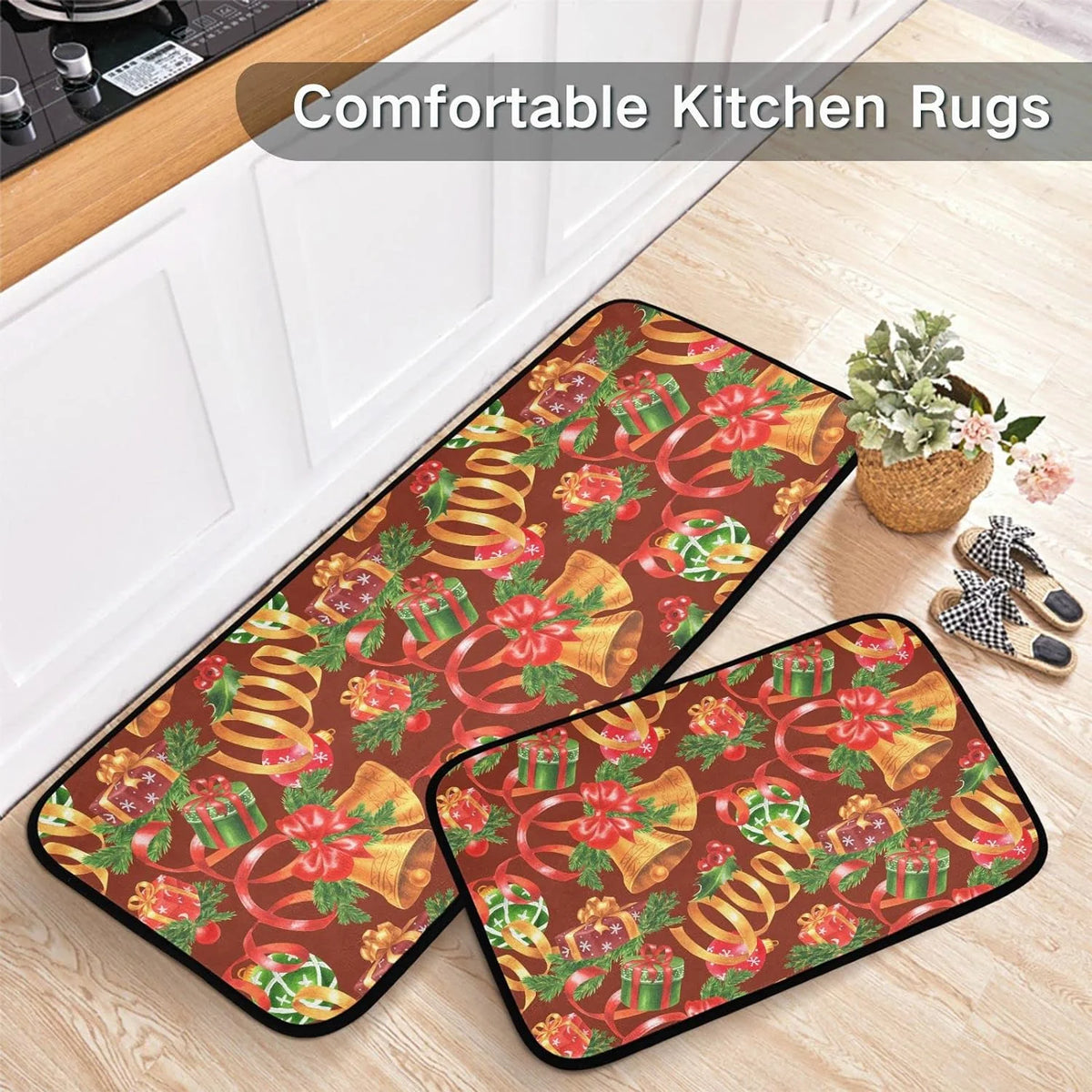 Christmas Jingling Bells Kitchen Mats Set of 2 Anti Fatigue Non Slip Floor Runner Rug 19.7x27.6 Inch + 19.7x47.2 Inch Y4487