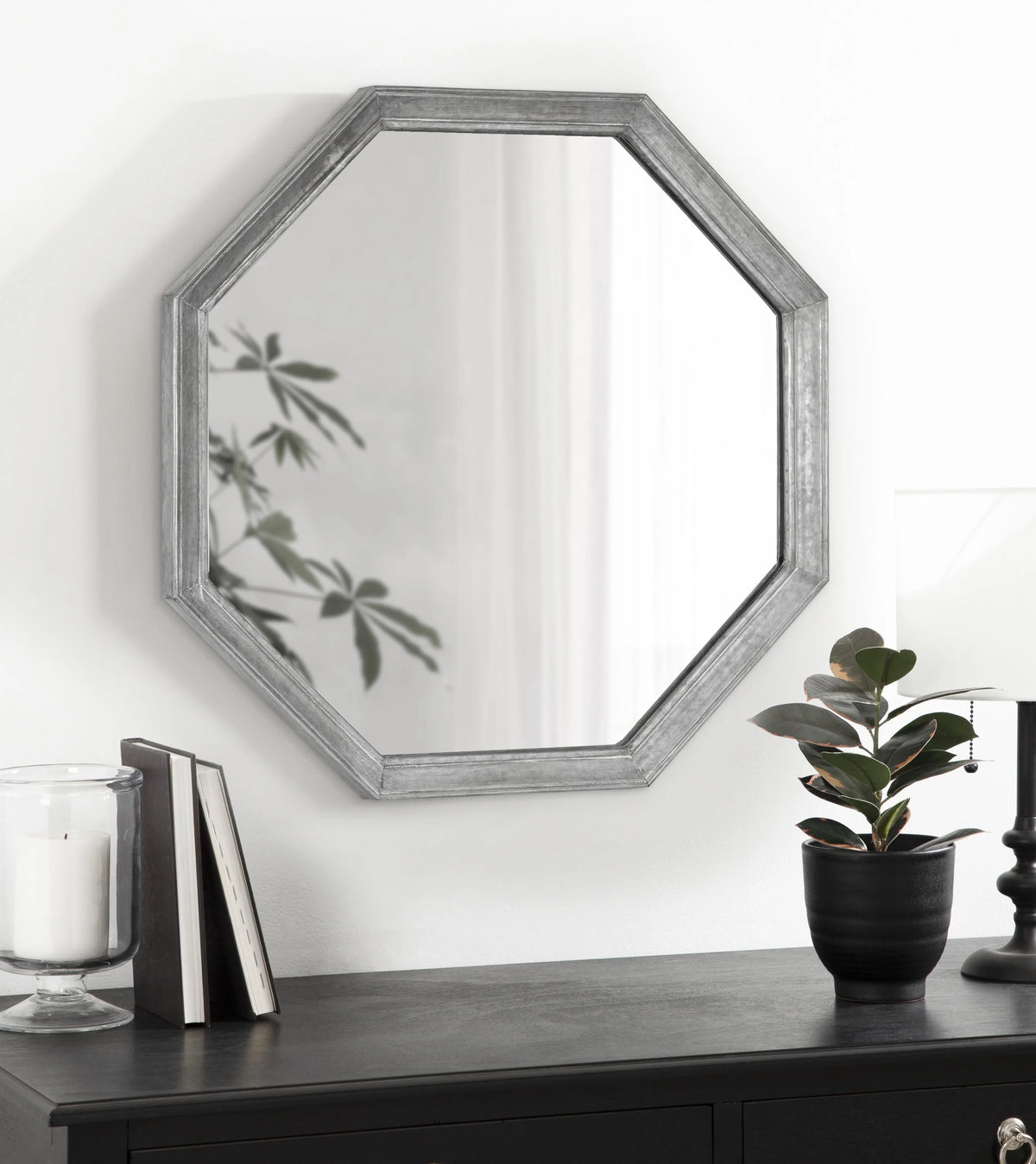 Vintage Galvanized Metal Octagon Wall Mirror, 26 x 26, Silver I488083