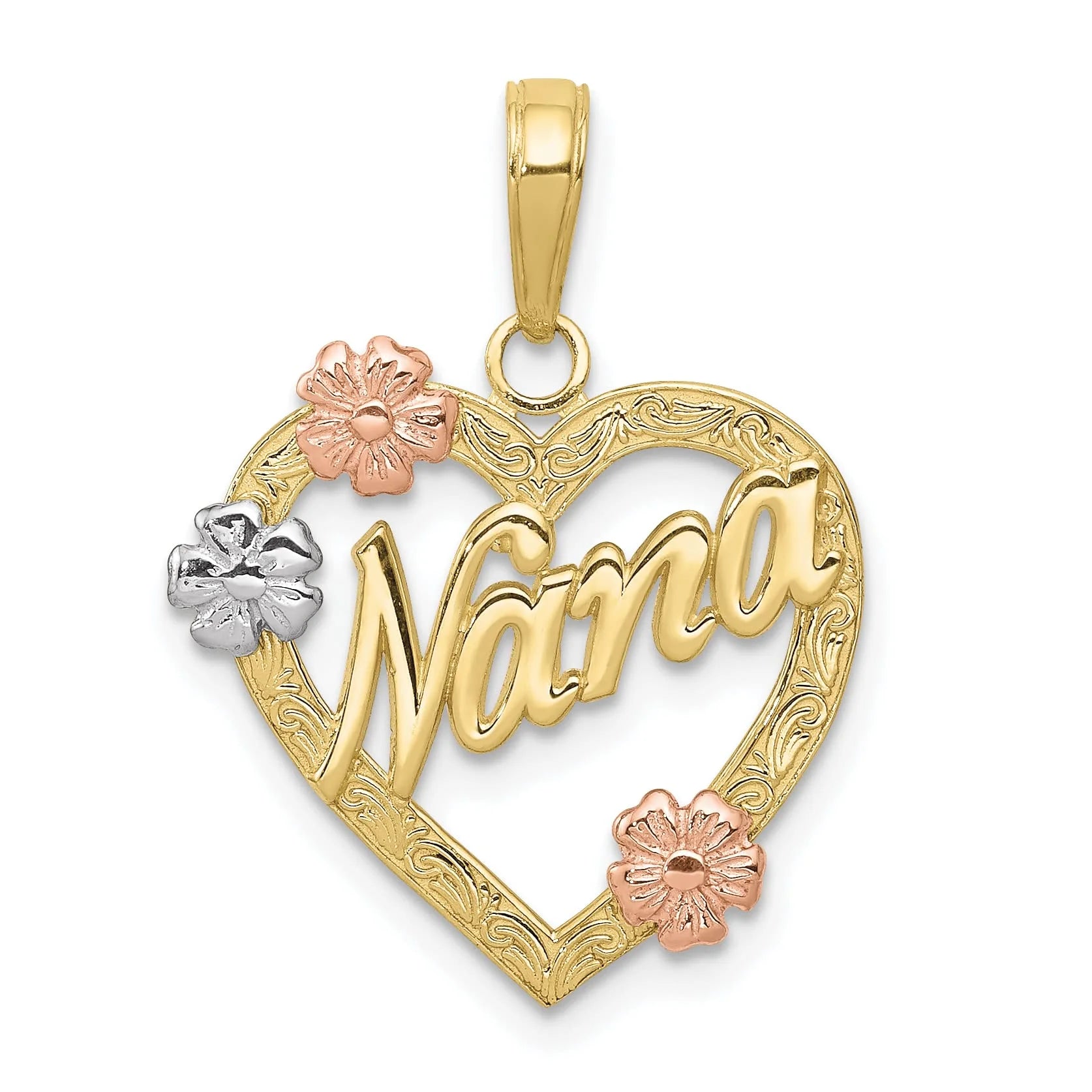 10K Tri Color Nana in Heart with Flowers Pendant V998