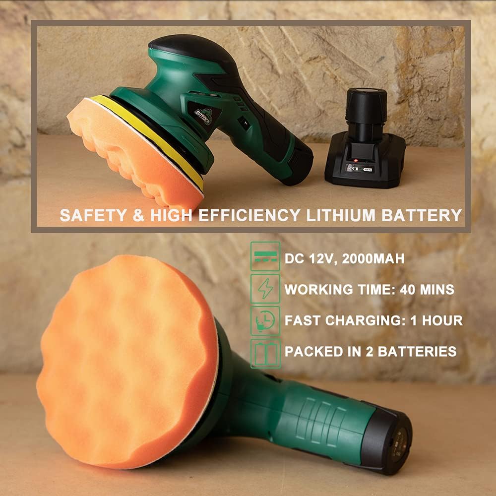 Cordless Car Buffer Polisher with 12V Lithium Rechargeable Battery Brushless Polisher with Variable Speed, 2pcs 2.0Ah Portable Buffer Kit N31368