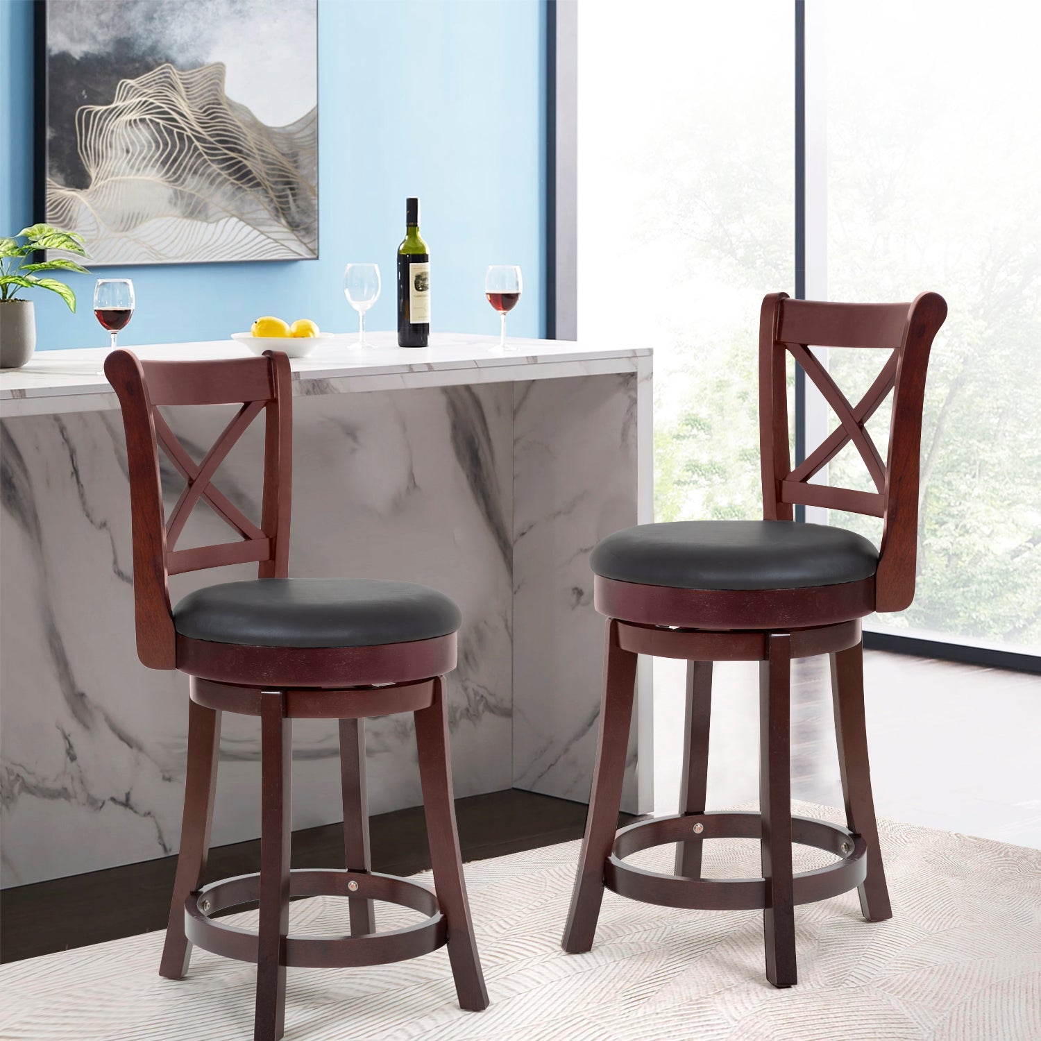 Brown Wooden Low Back Bar Stools with 360 Degree Swivel and PU Leather Upholstery X378