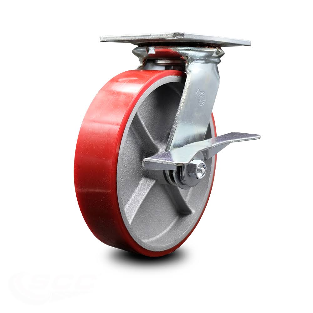8x22 Heavy Duty Red Poly on Cast Iron Swivel Caster with Side Lock Brake H1148
