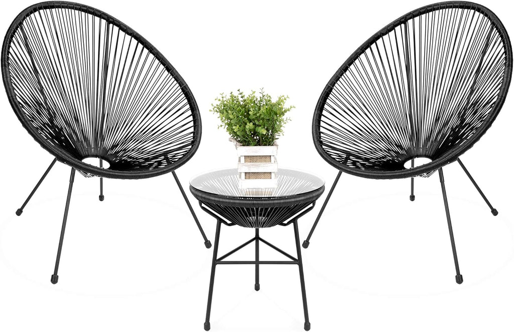 3-Piece Outdoor Acapulco Patio Conversation Bistro Set with Plastic Rope, Glass Top Table and 2 Chairs - Gray K91638